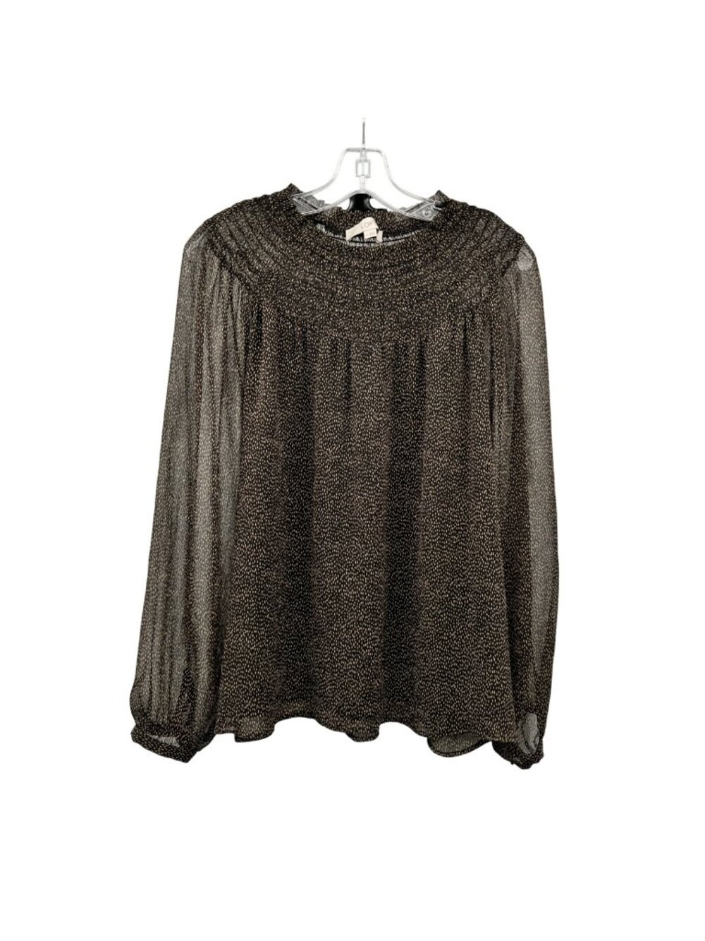 LOFT Womens Smocked Blouse Long Sleeve Black/Tan Size Medium